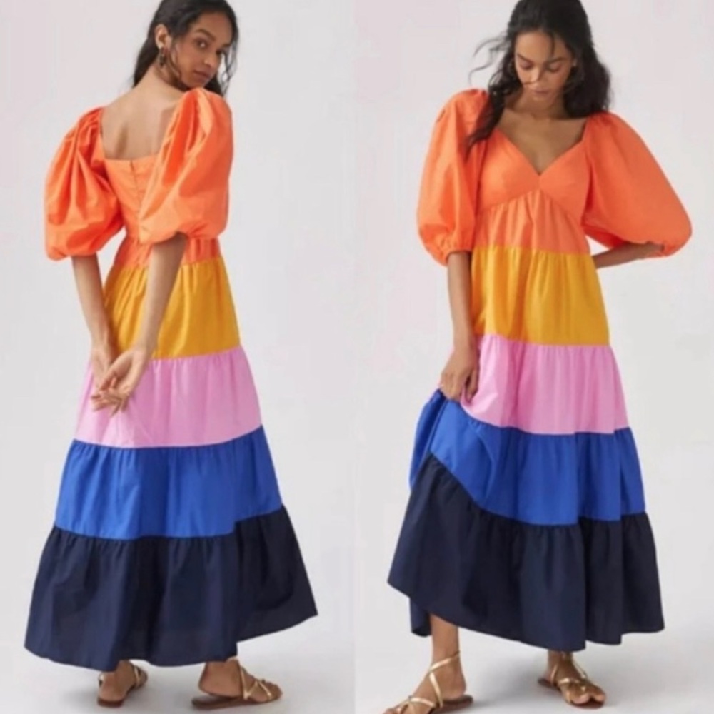 Anthropologie Farm Rio Tiered Color Blocked Maxi Dress